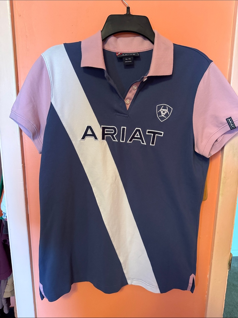 Ariat Navy Polo with Light Pink Accents & White Stripe